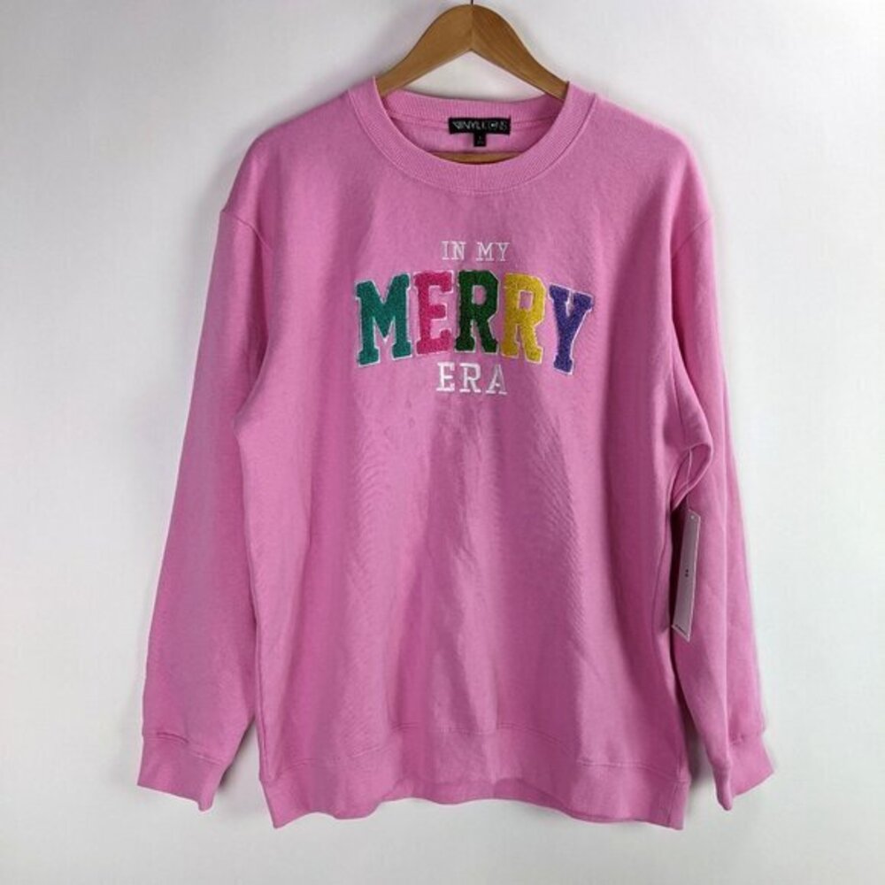 Vinyl Icons Womens Size L Pink Christmas Holiday Crew Neck Pullover Sweatshirt